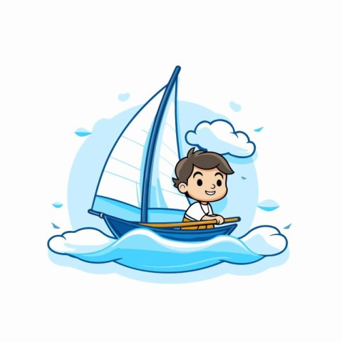 Cute little boy in a sailboat on the sea. Vector illustration.