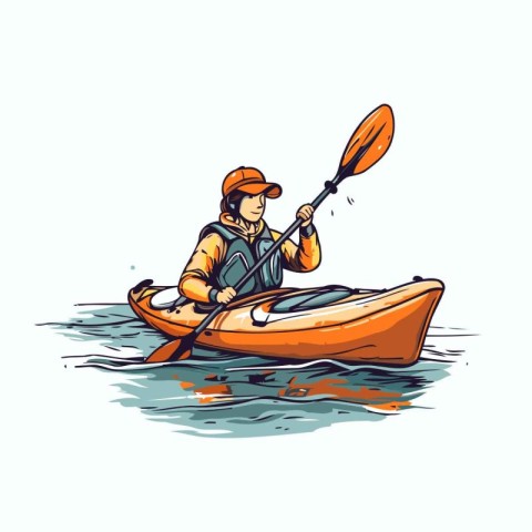 Man in a kayak on the water. Vector illustration in sketch style