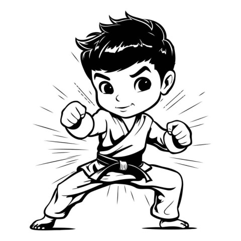 Karate Boy - Black and White Cartoon Mascot Illustration