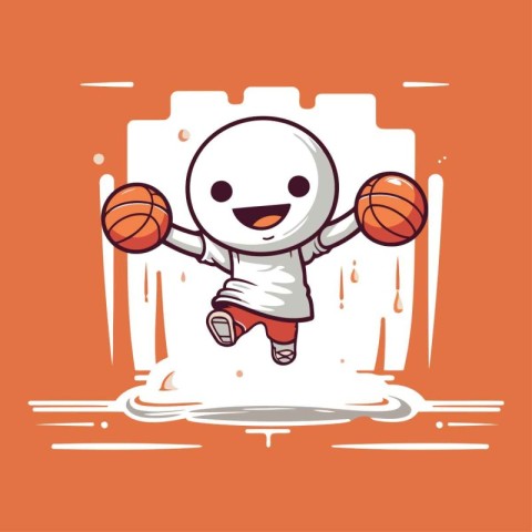 Cute cartoon snowman playing basketball. Vector illustration iso