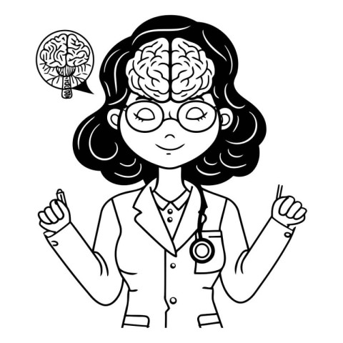 Vector illustration of a female doctor with a brain on a white b