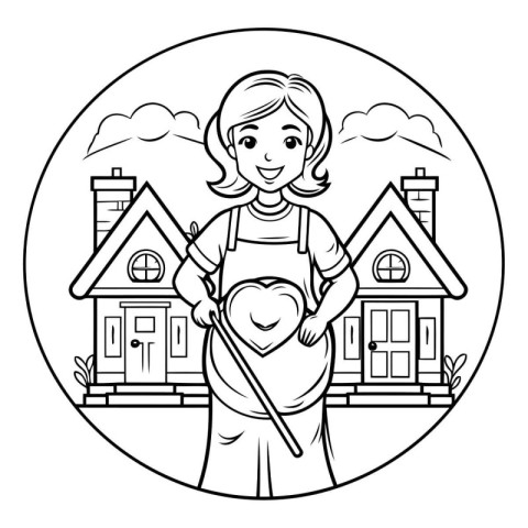 Girl with heart in her hands in front of house. Black and white