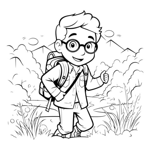 Outline of a boy with a backpack in the park. Vector illustratio