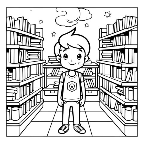 Vector illustration of a boy in the library. Coloring book for c