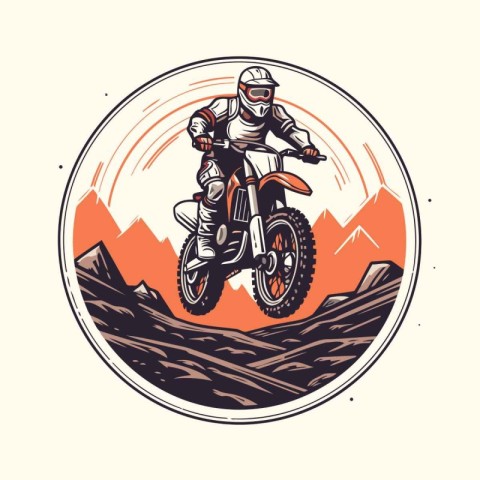 Motocross rider in helmet riding on mountain road vector illustr