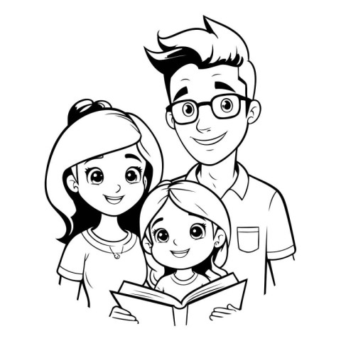 father with daughter and son reading a book cartoon vector illus