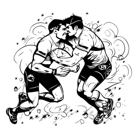 Two rugby players fighting for the ball. Black and white vector