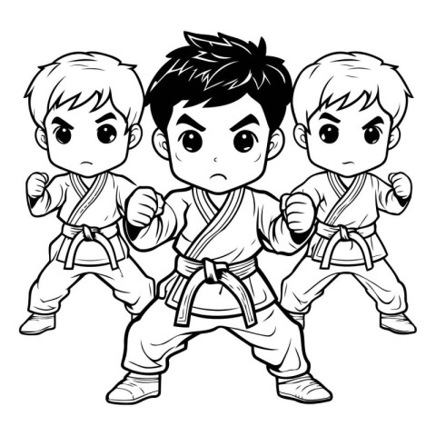 Karate kids in kimono - black and white vector illustration