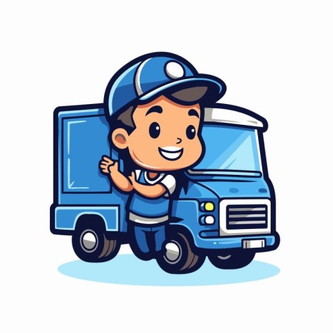 Cute Delivery Boy Carrying a Truck. Vector Illustration.