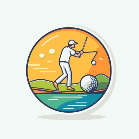 Golf player hitting ball on the course. Vector illustration in f