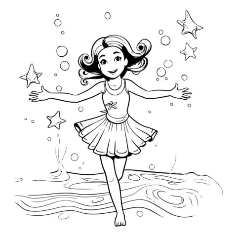 Black and White Cartoon Illustration of Cute Little Girl Dressed