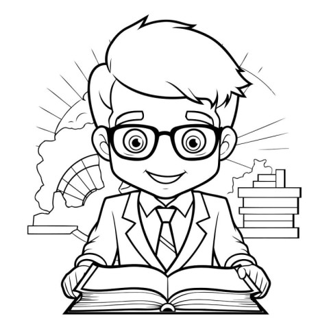 Black and White Cartoon Illustration of School Boy Student Readi