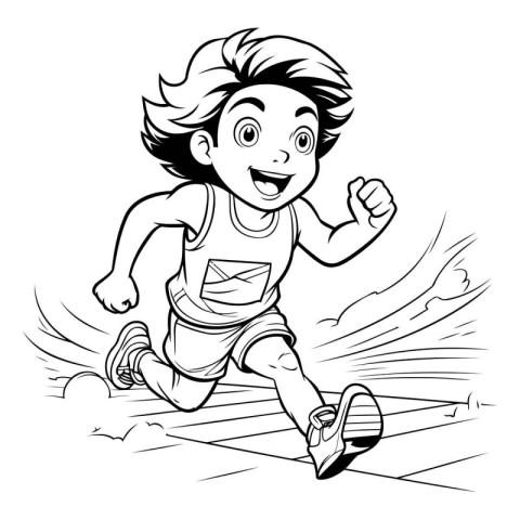 Black and White Cartoon Illustration of a Kid Running for Colori