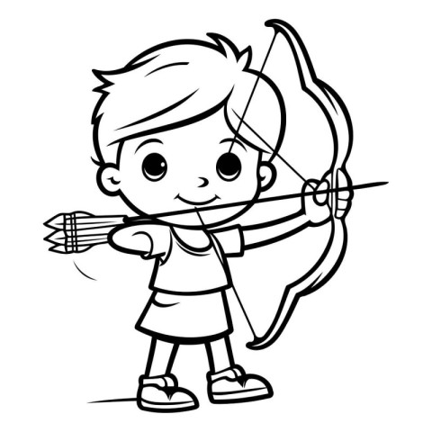 Black and White Cartoon Illustration of Cute Boy with Bow and Ar