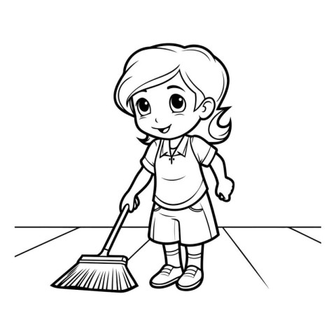 Cute Little Girl Cleaning Floor with Broom Vector Illustration