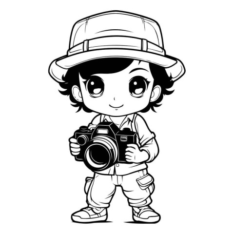 Boy Photographer with Camera - Black and White Cartoon Illustrat