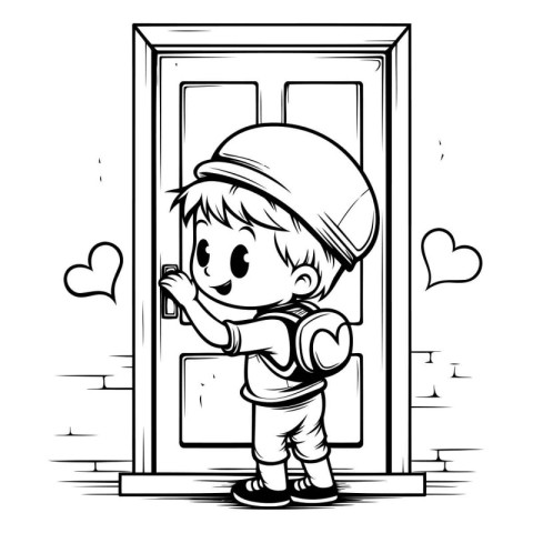 Black and White Cartoon illustration of a Kid Boy Opening the Do