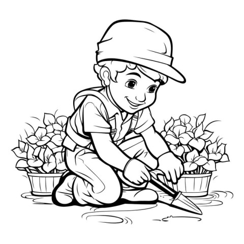 Cute boy with gardening tools. Black and white vector illustrati