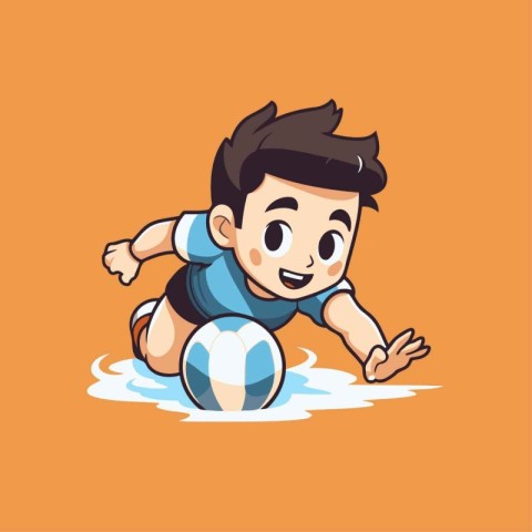 Boy playing soccer vector illustration. Cartoon boy kicking a so