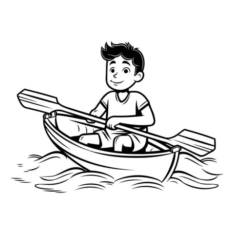 Boy rowing in a boat. Black and white vector illustration.