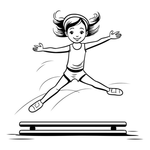 Girl jumping on the treadmill. Black and white vector illustrati