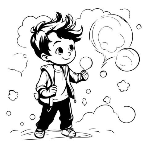 Boy playing with bubbles. Black and white vector illustration fo