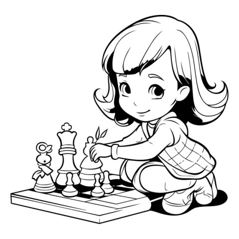 Little girl playing chess. Black and white vector illustration f