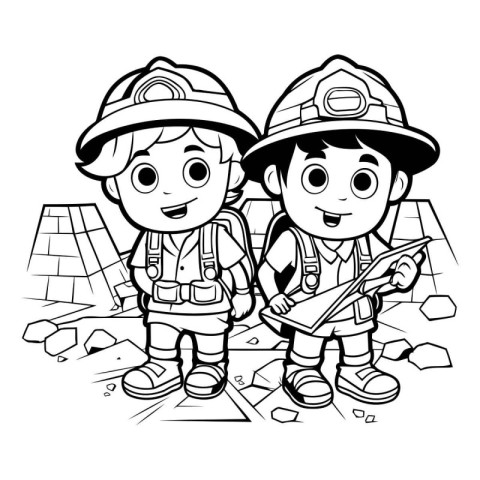 Children with fireman uniform. black and white vector illustrati