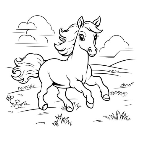 Black and White Cartoon Illustration of Horse Running in the Fie