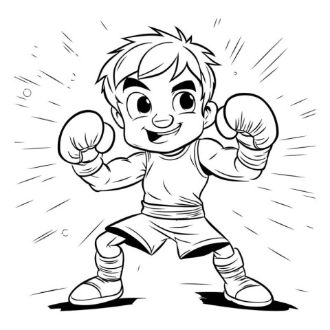 Cartoon illustration of a little boy boxing. Black and white ver