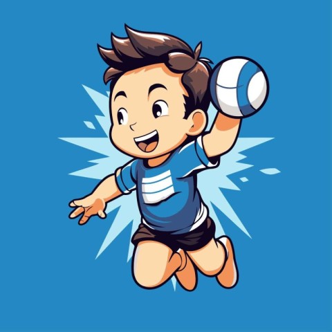 Illustration of a boy playing volleyball on a blue background. v