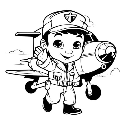 Black and White Cartoon Illustration of Cute Little Boy Pilot Ch