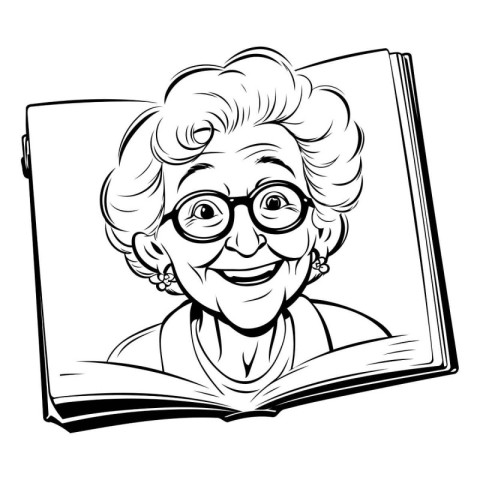 Elderly woman reading book. Black and white vector illustration.