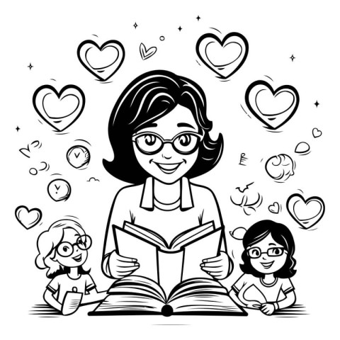 Mother reading book with her children. Black and white vector il