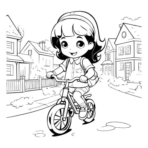 Black and White Cartoon Illustration of Little Girl Riding a Bik