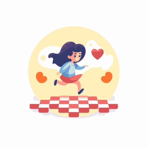 Happy girl running on checkered road. Cartoon vector illustratio