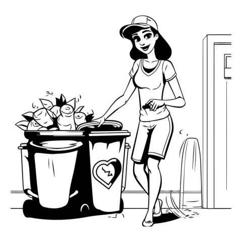 Young woman throwing trash in the trash can. Black and white vec