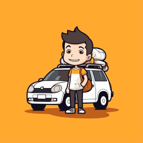 Handsome man with backpack standing next to his car. Vector illu