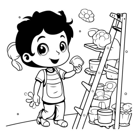 Black and White Cartoon Illustration of Cute Little Kid Boy or G