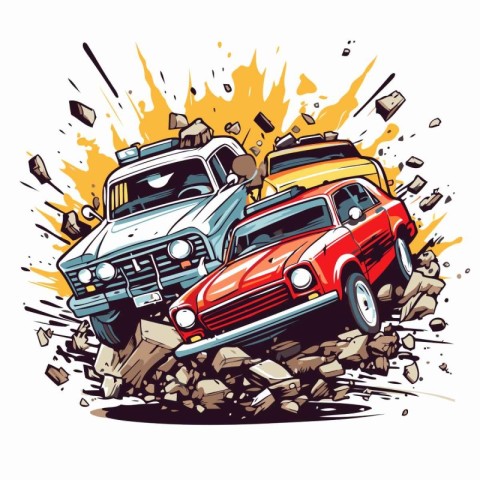 Vector illustration of a cartoon car on the background of explos