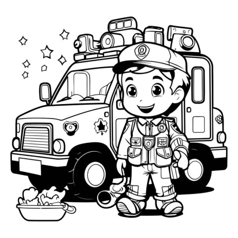 Black and White Cartoon Illustration of a Little Boy firefighter