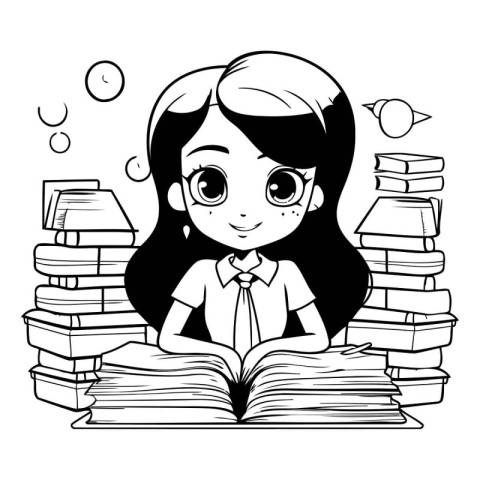 cute little student girl with books in the school vector illustr