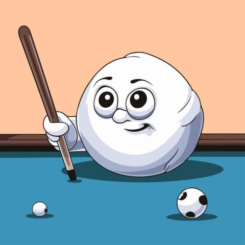 Cartoon billiard ball with a stick on a billiard table