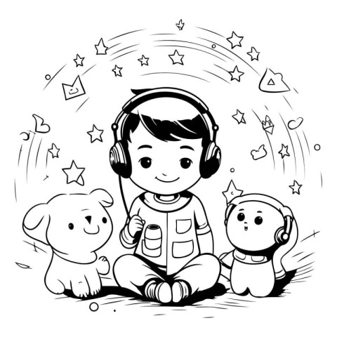 Cute little boy with headphones and dog on the background of sta