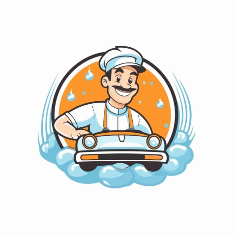 Chef washing car. Vector illustration of a cartoon character in