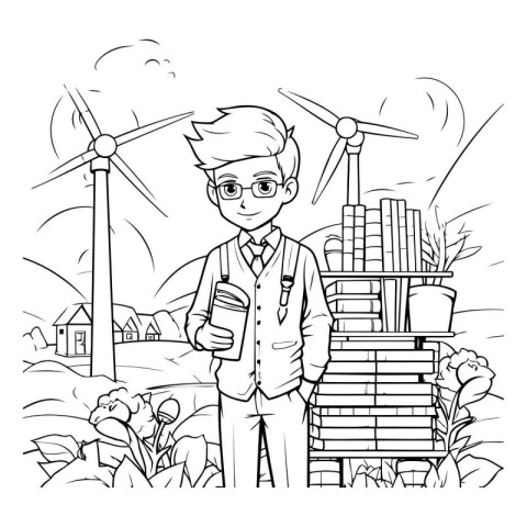 Young man cartoon in the garden with wind turbine vector illustr