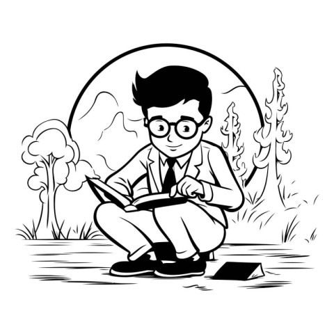 Vector illustration of a schoolboy with a laptop in the park.