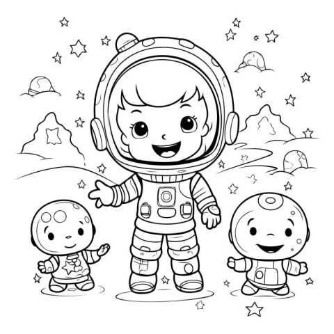 Coloring book for children: astronaut in spacesuit and his frien