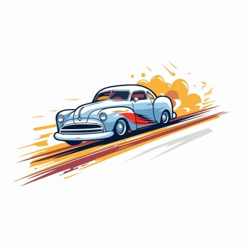 Classic american car on the road. Vector illustration on white b