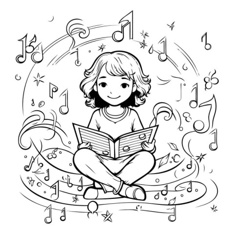 Cute little girl reading a book. Vector illustration for colorin